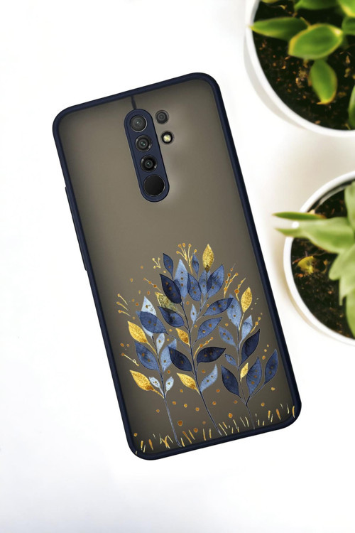 Xiaomi Redmi 9 Uyumlu Mavi Yaprak Desenli Buzlu Şeffaf Lüx Telefon Kılıfı