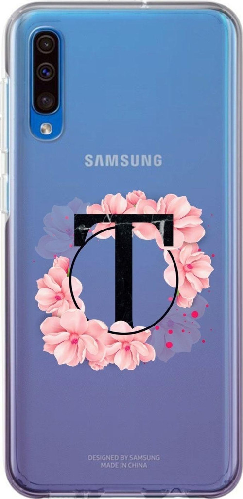 Samsung A30S Uyumlu Pembe Çiçek Desen T Harfli Şeffaf Kılıf