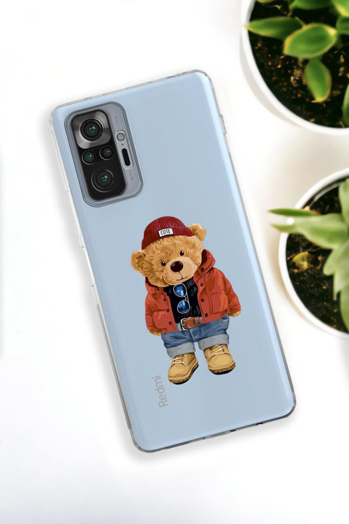 Xiaomi Redmi Note 10 Pro Uyumlu Teddy Bear Desenli Premium Silikonlu Şeffaf Telefon Kılıfı