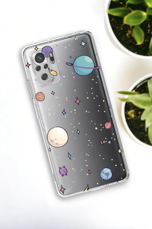 Xiaomi Redmi Note 10 Uyumlu Gezegenler Desenli Premium Silikonlu Şeffaf Telefon Kılıfı