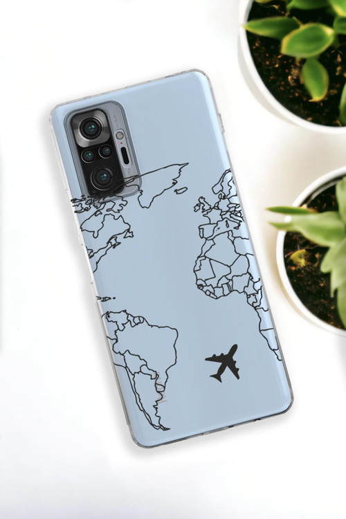 Xiaomi Redmi Note 10 Pro Uyumlu World Map Lines Desenli Premium Silikonlu Şeffaf Telefon Kılıfı