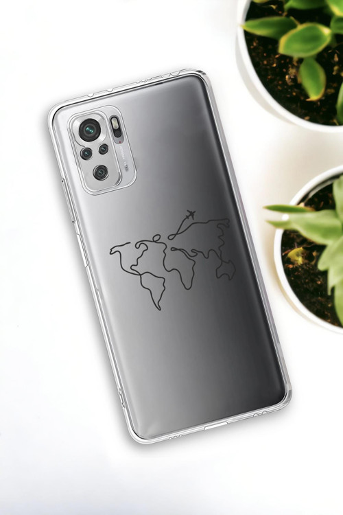 Xiaomi Redmi Note 10 Uyumlu Dünya Harita Rota Desenli Premium Silikonlu Şeffaf Telefon Kılıfı