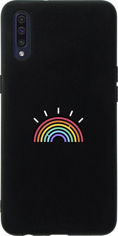 Samsung A50 Gökkuşağı Desenli Premium Silikonlu Siyah Telefon Kılıfı