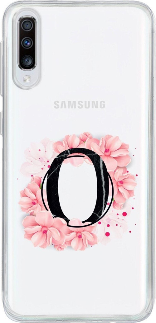 Samsung A70 Uyumlu Pembe Çiçek Desen O Harfli Şeffaf Kılıf