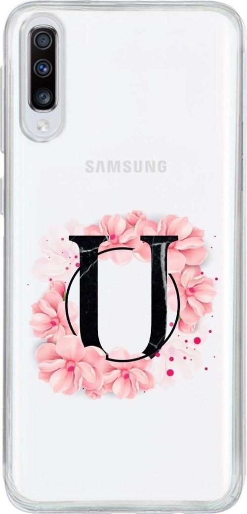 Samsung A70 Uyumlu Pembe Çiçek Desen U Harfli Şeffaf Kılıf