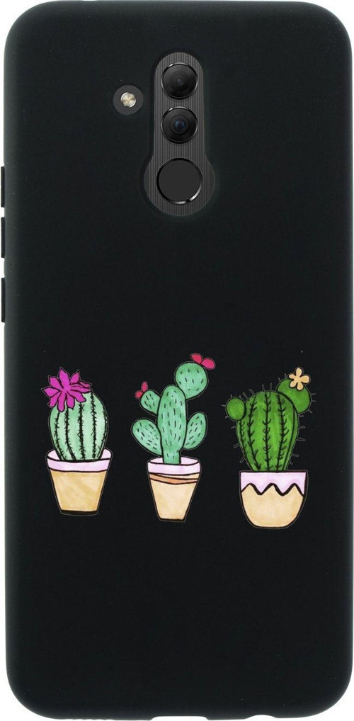 Huawei Mate 20 Lite Üçlü Kaktüs Desenli Premium Silikonlu Siyah Telefon Kılıfı