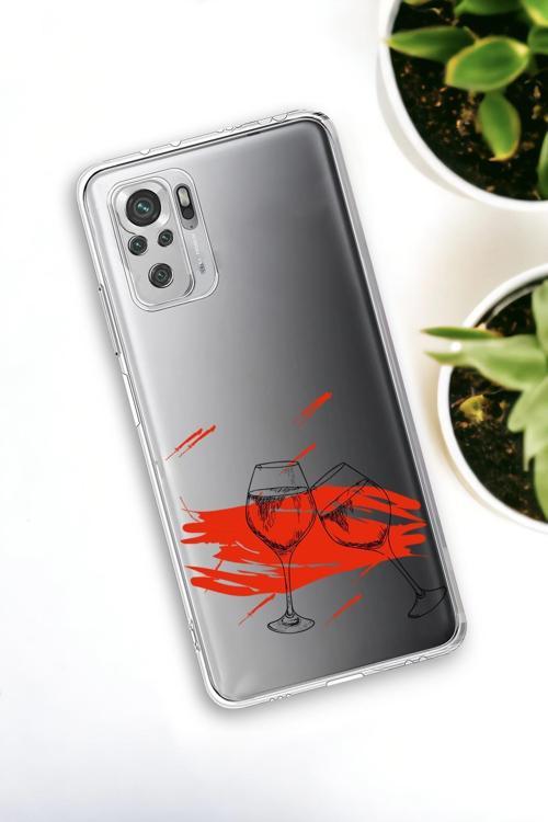 Xiaomi Redmi Note 10 Uyumlu Spilled Wine Desenli Premium Silikonlu Şeffaf Telefon Kılıfı