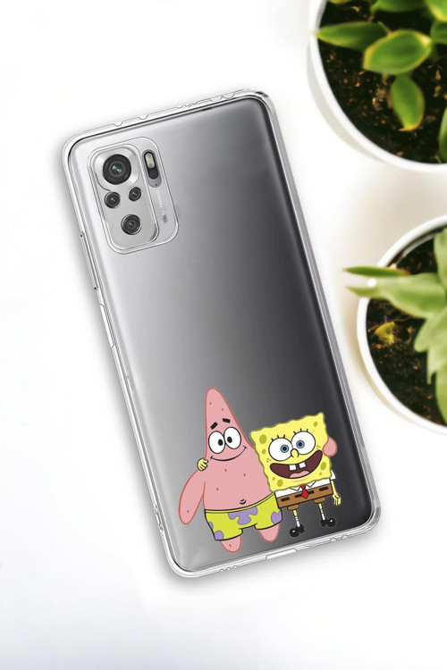 Xiaomi Redmi Note 10 Uyumlu Sünger Bob Ve Patrick Star Desenli Premium Silikonlu Şeffaf Telefon Kılı