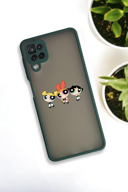 Samsung Galaxy A12 Uyumlu Powerpuff Girls Desenli Buzlu Şeffaf Lüx Telefon Kılıfı