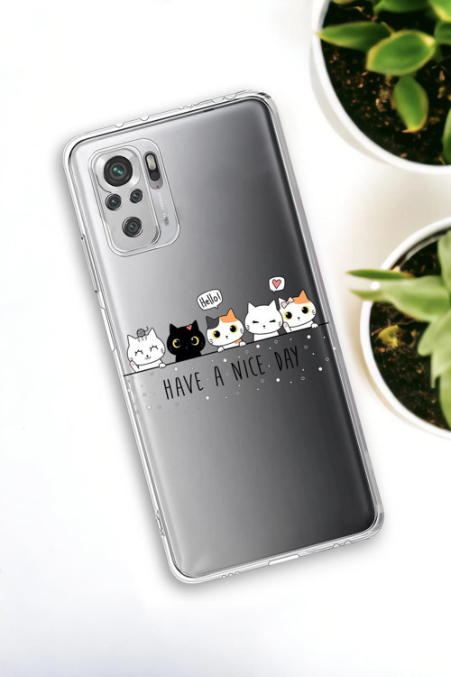 Xiaomi Redmi Note 10 Uyumlu Şirin Kedicikler Desenli Premium Silikonlu Şeffaf Telefon Kılıfı