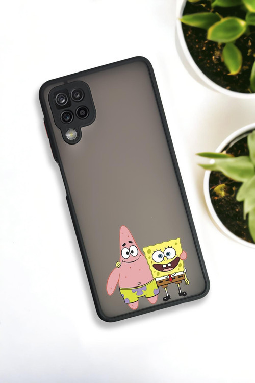Samsung Galaxy A12 Uyumlu Sünger Bob Ve Patrick Star Desenli Buzlu Şeffaf Lüx Telefon Kılıfı