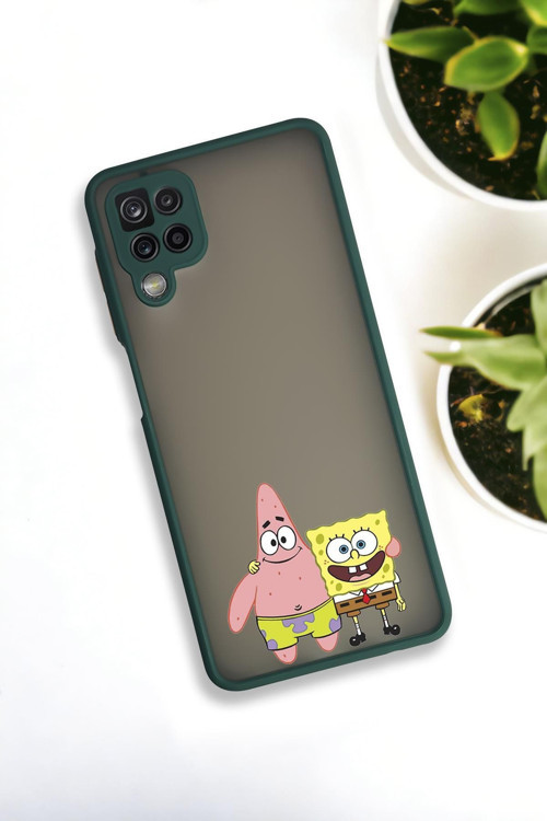 Samsung Galaxy A12 Uyumlu Sünger Bob Ve Patrick Star Desenli Buzlu Şeffaf Lüx Telefon Kılıfı