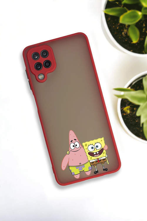 Samsung Galaxy A12 Uyumlu Sünger Bob Ve Patrick Star Desenli Buzlu Şeffaf Lüx Telefon Kılıfı