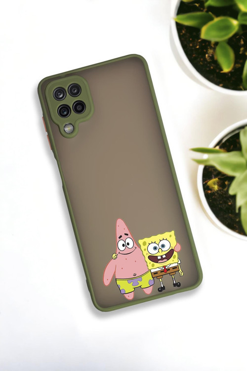 Samsung Galaxy A12 Uyumlu Sünger Bob Ve Patrick Star Desenli Buzlu Şeffaf Lüx Telefon Kılıfı