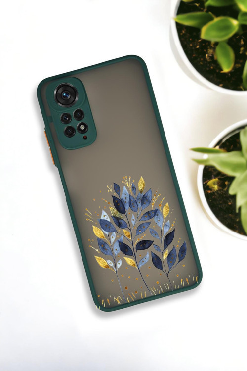 Xiaomi Redmi Note 11 Uyumlu Mavi Yaprak Desenli Buzlu Şeffaf Lüx Telefon Kılıfı