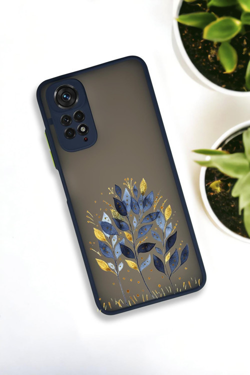 Xiaomi Redmi Note 11 Uyumlu Mavi Yaprak Desenli Buzlu Şeffaf Lüx Telefon Kılıfı