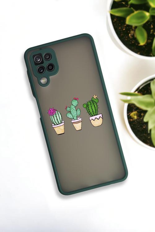 Samsung Galaxy A12 Uyumlu Üçlü Kaktüs Desenli Buzlu Şeffaf Lüx Telefon Kılıfı