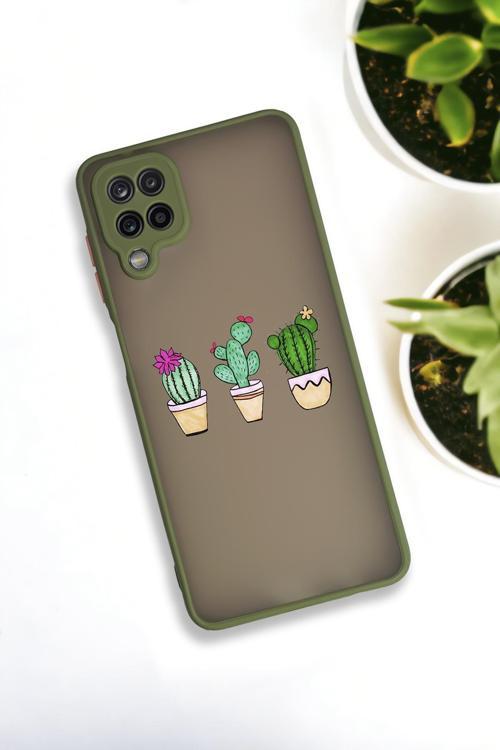 Samsung Galaxy A12 Uyumlu Üçlü Kaktüs Desenli Buzlu Şeffaf Lüx Telefon Kılıfı