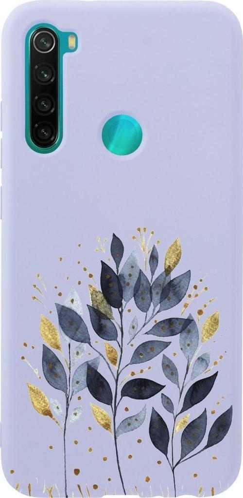 Xiaomi Redmi Note 8 Mavi Yaprak Desenli Premium Silikonlu Lila Telefon Kılıfı