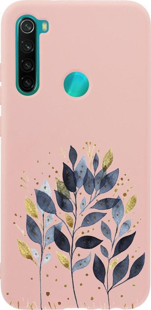 Xiaomi Redmi Note 8 Mavi Yaprak Desenli Premium Silikonlu Pembe Telefon Kılıfı
