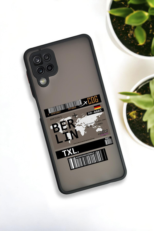 Samsung Galaxy A12 Uyumlu Berlin Ticket Desenli Buzlu Şeffaf Lüx Telefon Kılıfı