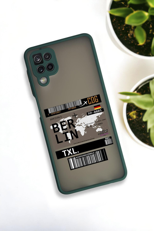 Samsung Galaxy A12 Uyumlu Berlin Ticket Desenli Buzlu Şeffaf Lüx Telefon Kılıfı