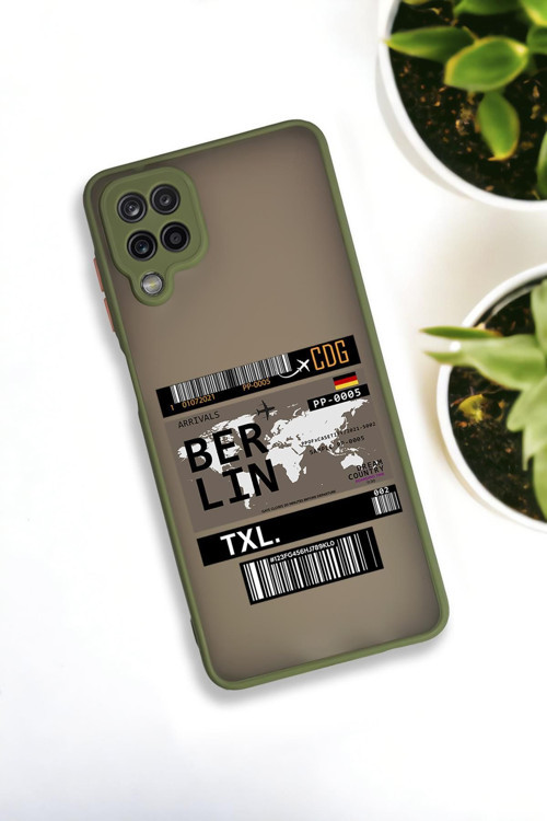 Samsung Galaxy A12 Uyumlu Berlin Ticket Desenli Buzlu Şeffaf Lüx Telefon Kılıfı
