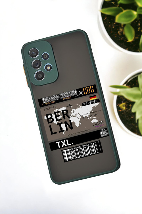 Samsung Galaxy A23 Uyumlu Berlin Ticket Desenli Buzlu Şeffaf Lüx Telefon Kılıfı