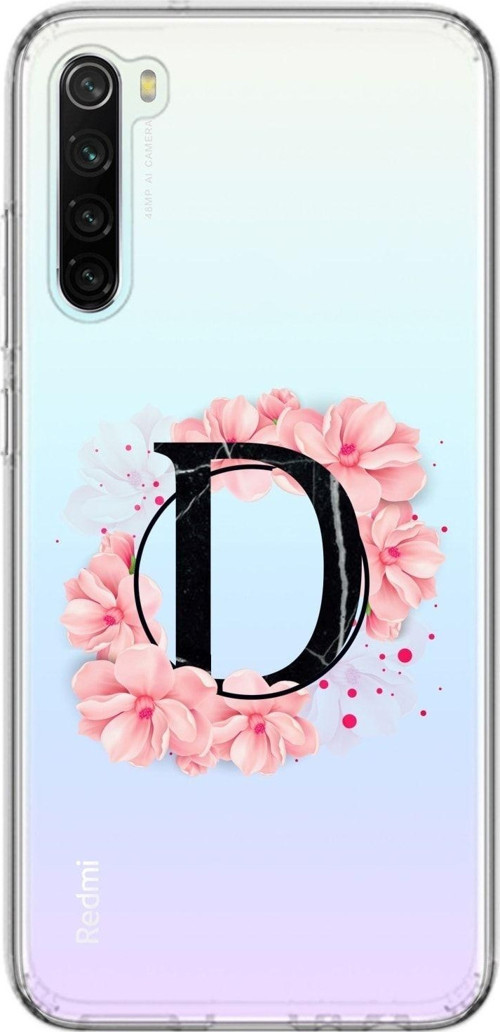 Xiaomi Redmi Note 8 Uyumlu Pembe Çiçek Desen D Harfli Şeffaf Kılıf