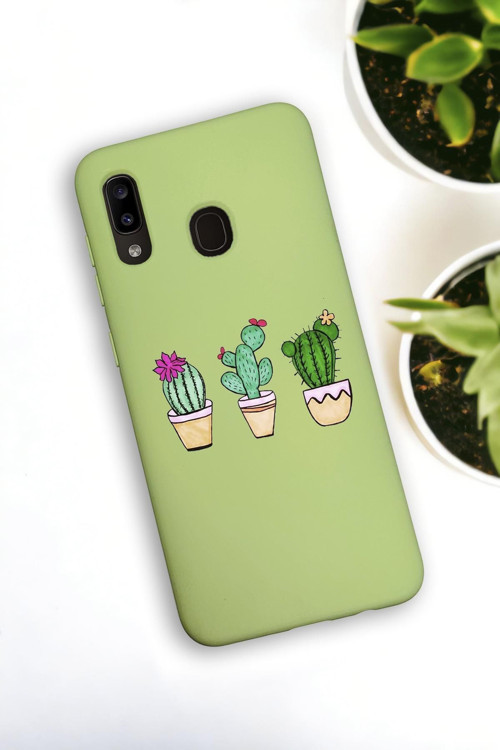 Samsung Galaxy A30 Uyumlu Üçlü Kaktüs Desenli Premium Silikonlu Lansman Telefon Kılıfı