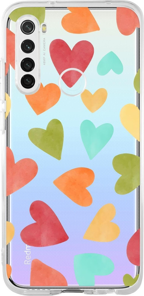 Xiaomi Redmi Note 8 Uyumlu Renkli Kalpler Desenli Premium Şeffaf Silikon Kılıf