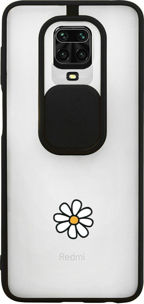 Xiaomi Redmi Note 9 Pro Papatya Desenli Kamera Korumalı Siyah Telefon Kılıfı