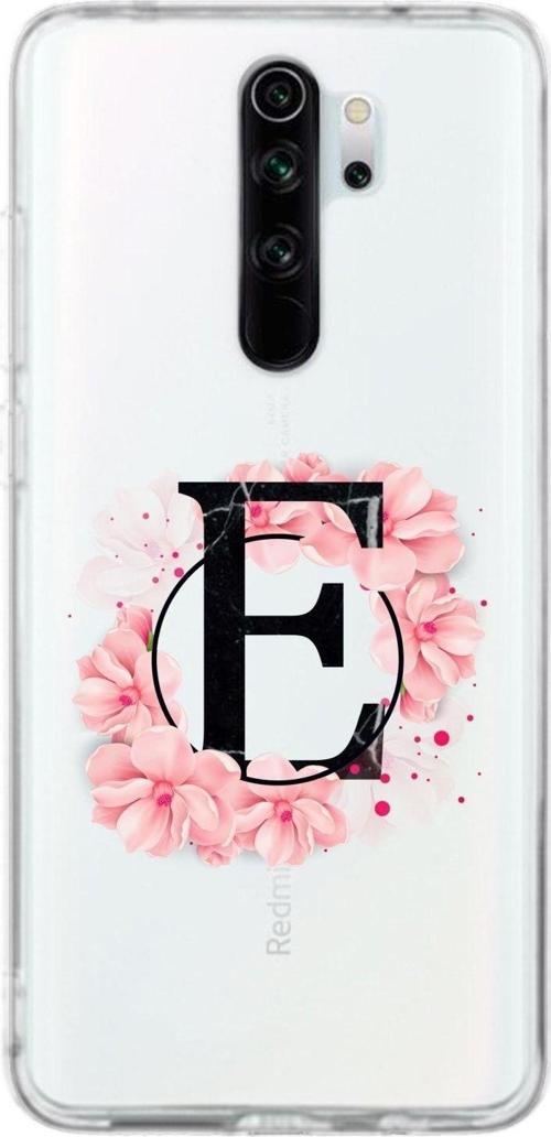 Xiaomi Redmi Note 8 Pro Uyumlu Pembe Çiçek Desen E Harfli Şeffaf Kılıf