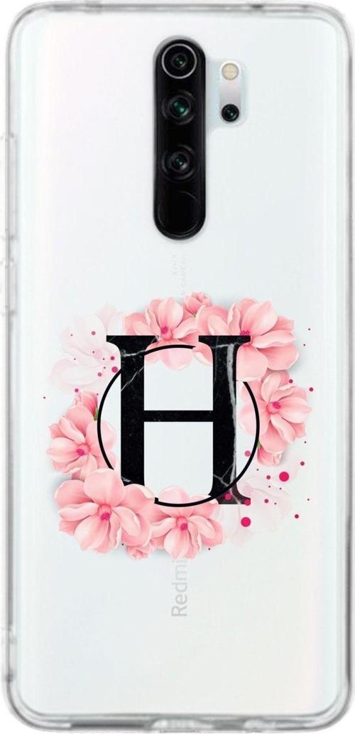 Xiaomi Redmi Note 8 Pro Uyumlu Pembe Çiçek Desen H Harfli Şeffaf Kılıf