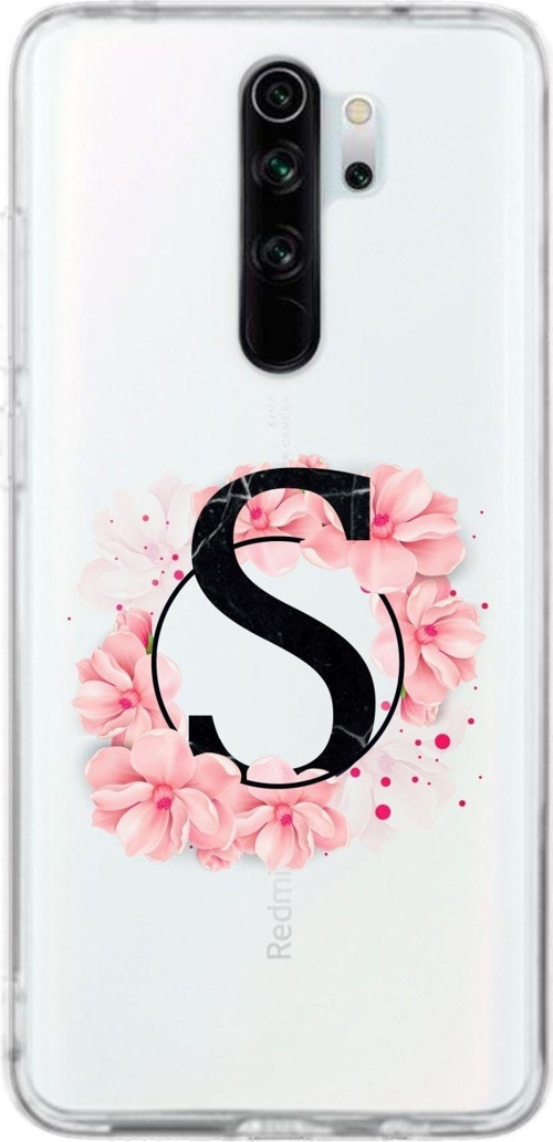 Xiaomi Redmi Note 8 Pro Uyumlu Pembe Çiçek Desen S Harfli Şeffaf Kılıf