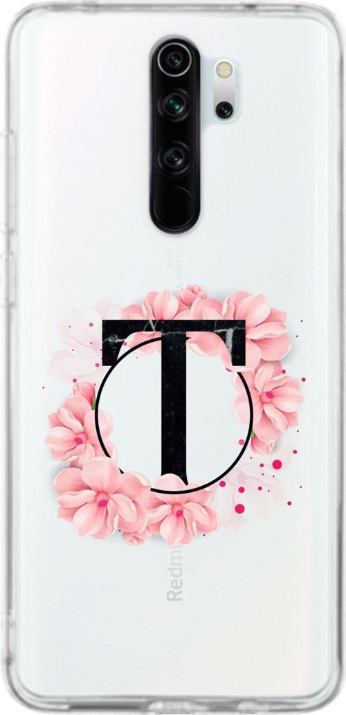 Xiaomi Redmi Note 8 Pro Uyumlu Pembe Çiçek Desen T Harfli Şeffaf Kılıf