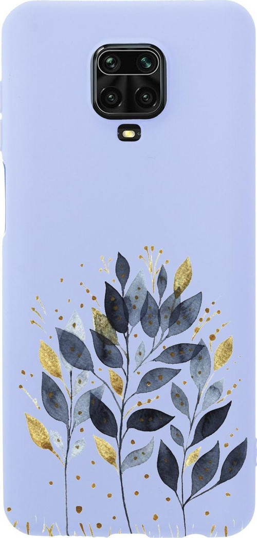 Xiaomi Redmi Note 9 Pro Uyumlu Mavi Yaprak Desenli Premium Silikonlu Lila Telefon Kılıfı