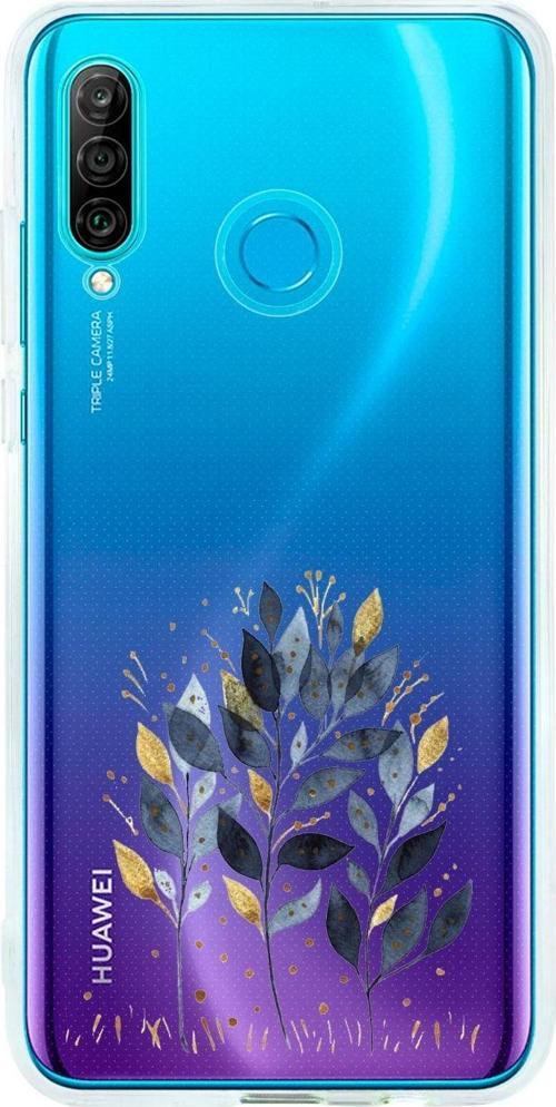 Huawei P30 Lite Uyumlu Mavi Yaprak Desenli Premium Şeffaf Silikon Kılıf