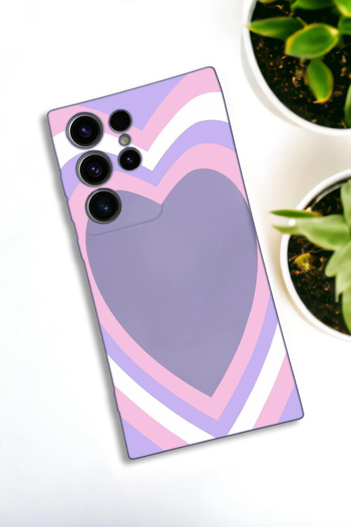 Samsung Galaxy S21 Ultra Uyumlu Purple Heart Desenli Premium Silikonlu Lansman Telefon Kılıfı