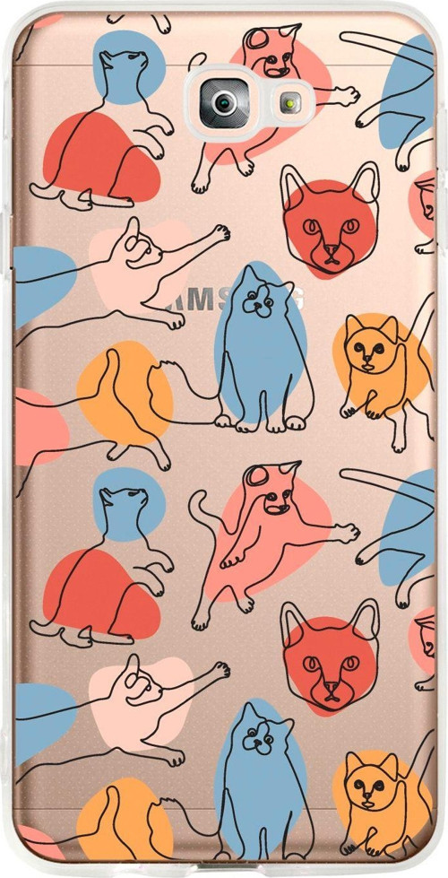 Samsung J7 Prime Uyumlu Sevimli Kedi Figürleri Desenli Premium Şeffaf Silikon Kılıf