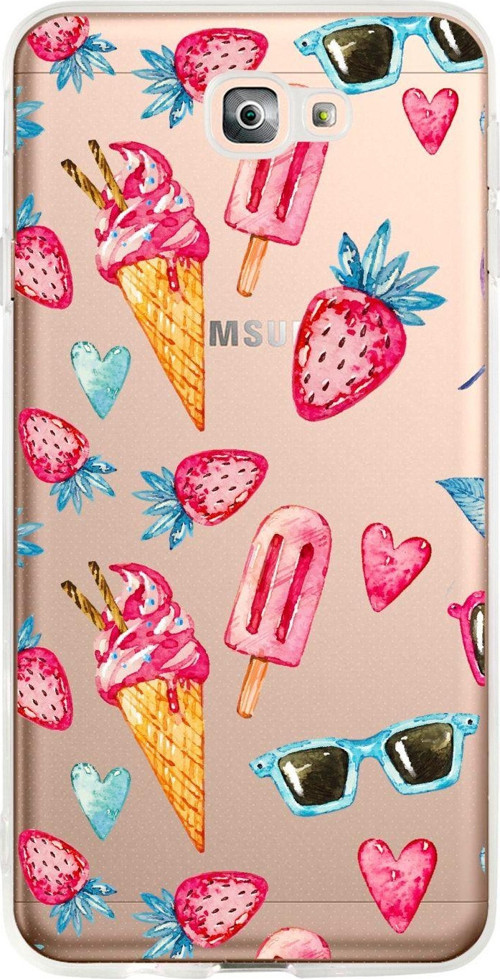 Samsung J7 Prime Uyumlu Summer Çilek Desenli Premium Şeffaf Silikon Kılıf