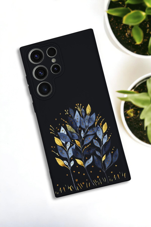 Samsung Galaxy S24 Ultra Uyumlu Mavi Yaprak Desenli Premium Silikonlu Lansman Telefon Kılıfı