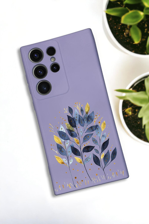 Samsung Galaxy S24 Ultra Uyumlu Mavi Yaprak Desenli Premium Silikonlu Lansman Telefon Kılıfı
