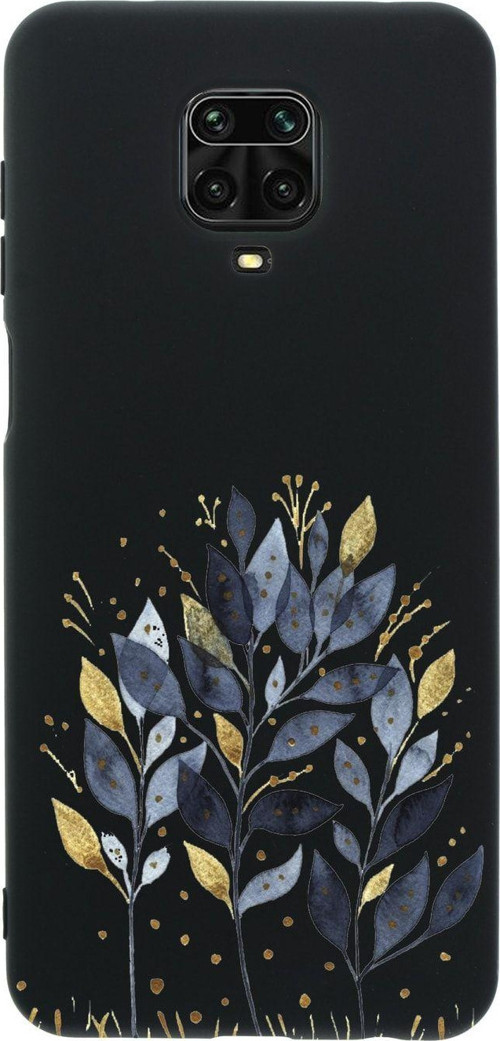 Xiaomi Redmi Note 9 Pro Mavi Yaprak Desenli Premium Silikonlu Siyah Telefon Kılıfı