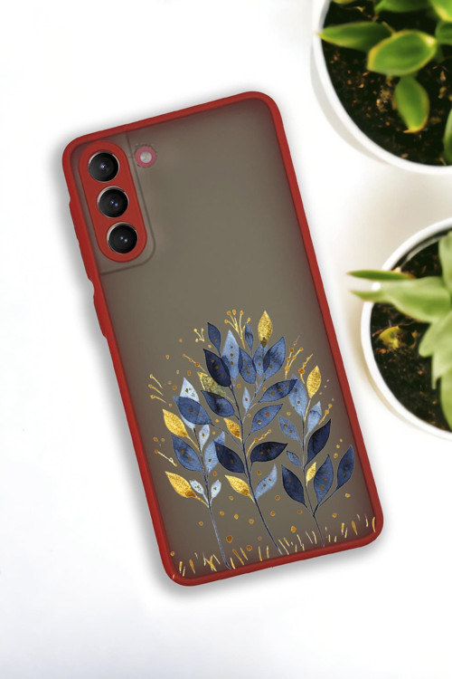 Samsung S21 Plus Uyumlu Mavi Yaprak Desenli Buzlu Şeffaf Lüx Telefon Kılıfı
