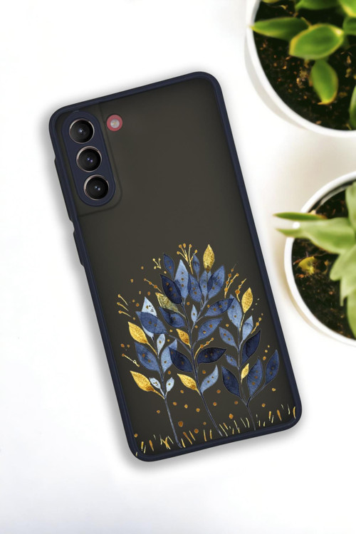 Samsung S21 Plus Uyumlu Mavi Yaprak Desenli Buzlu Şeffaf Lüx Telefon Kılıfı