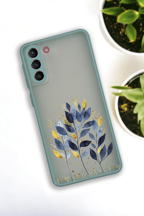 Samsung S21 Plus Uyumlu Mavi Yaprak Desenli Buzlu Şeffaf Lüx Telefon Kılıfı