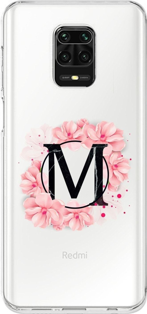 Xiaomi Redmi Note 9S Uyumlu Pembe Çiçek Desen M Harfli Şeffaf Kılıf