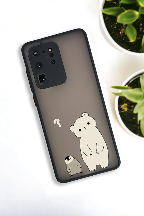 Samsung S20 Ultra Uyumlu Penguen Ve Ayıcık Desenli Buzlu Şeffaf Lüx Telefon Kılıfı