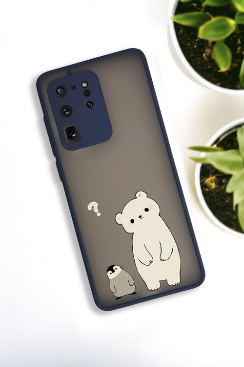 Samsung S20 Ultra Uyumlu Penguen Ve Ayıcık Desenli Buzlu Şeffaf Lüx Telefon Kılıfı